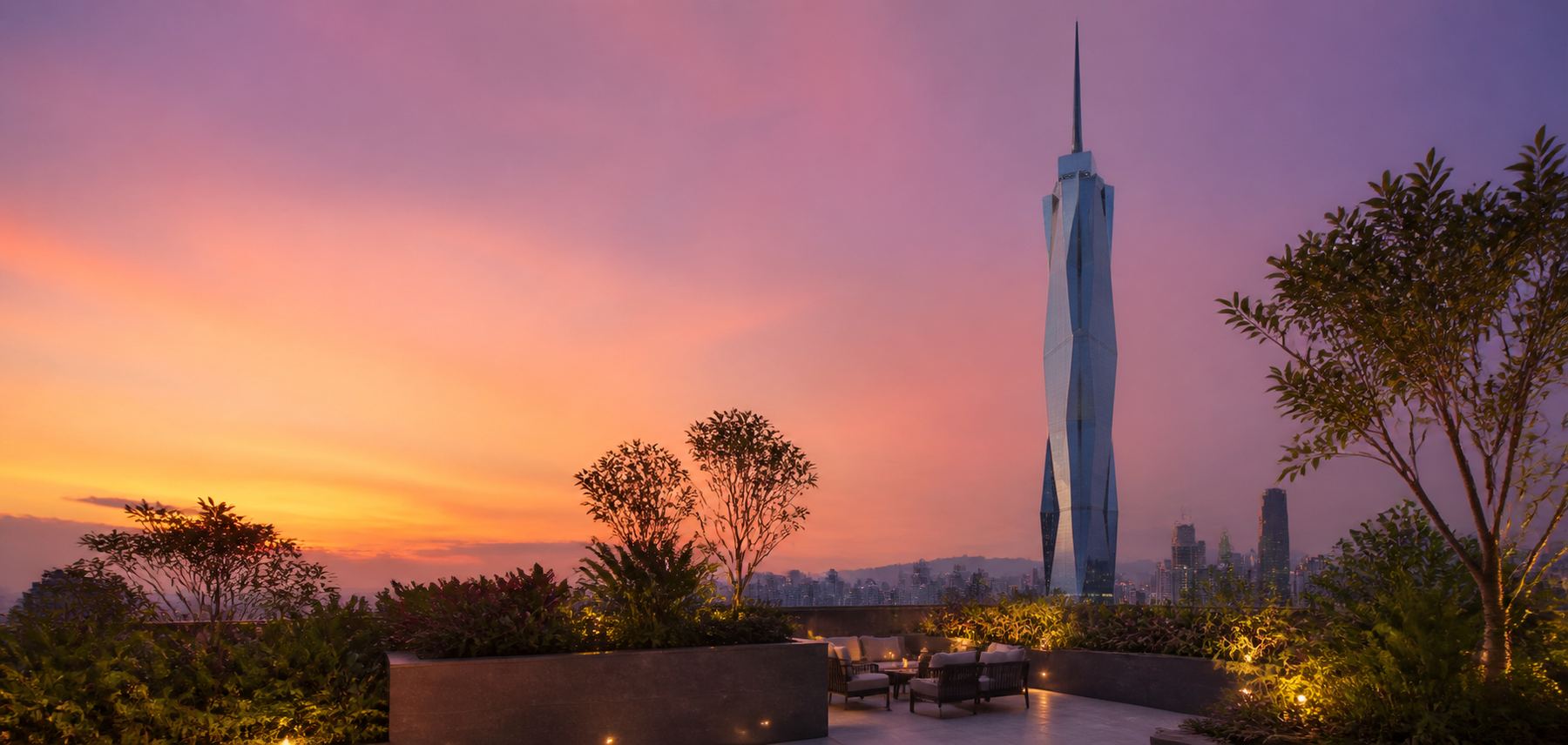 Landscaped roof garden at sunset above Kuala Lumpur