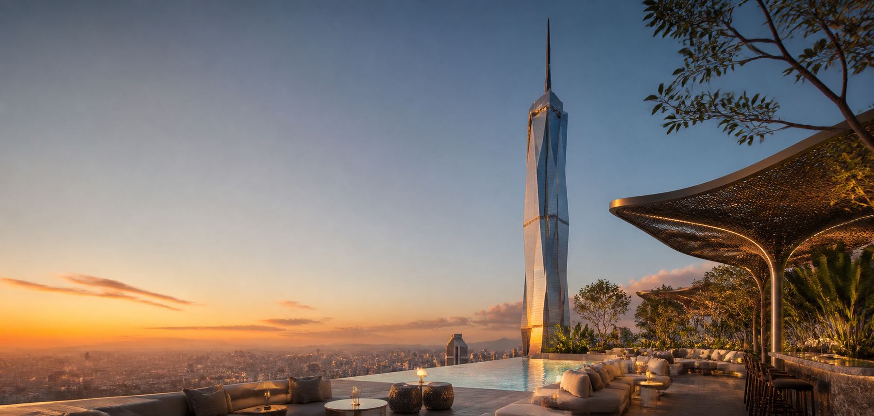 Rooftop pool deck at golden hour with Merdeka 118 beyond the Kuala Lumpur skyline