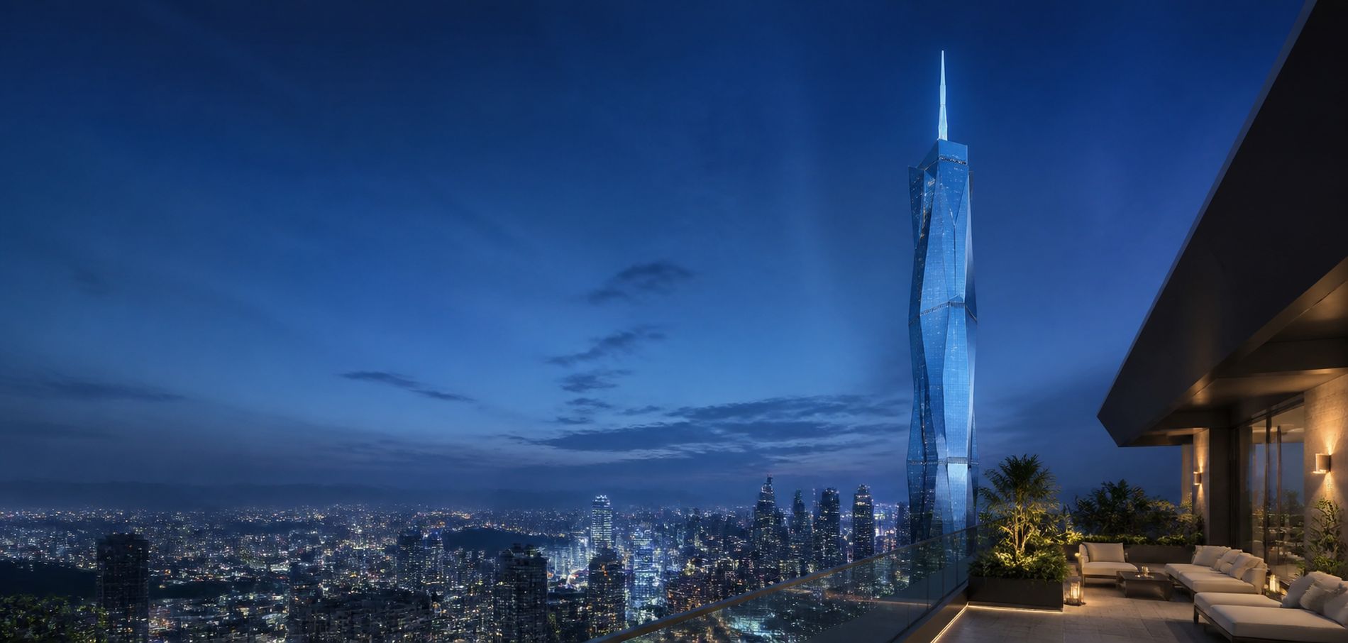 Merdeka 118 lit at blue hour, seen from a private terrace above Kuala Lumpur