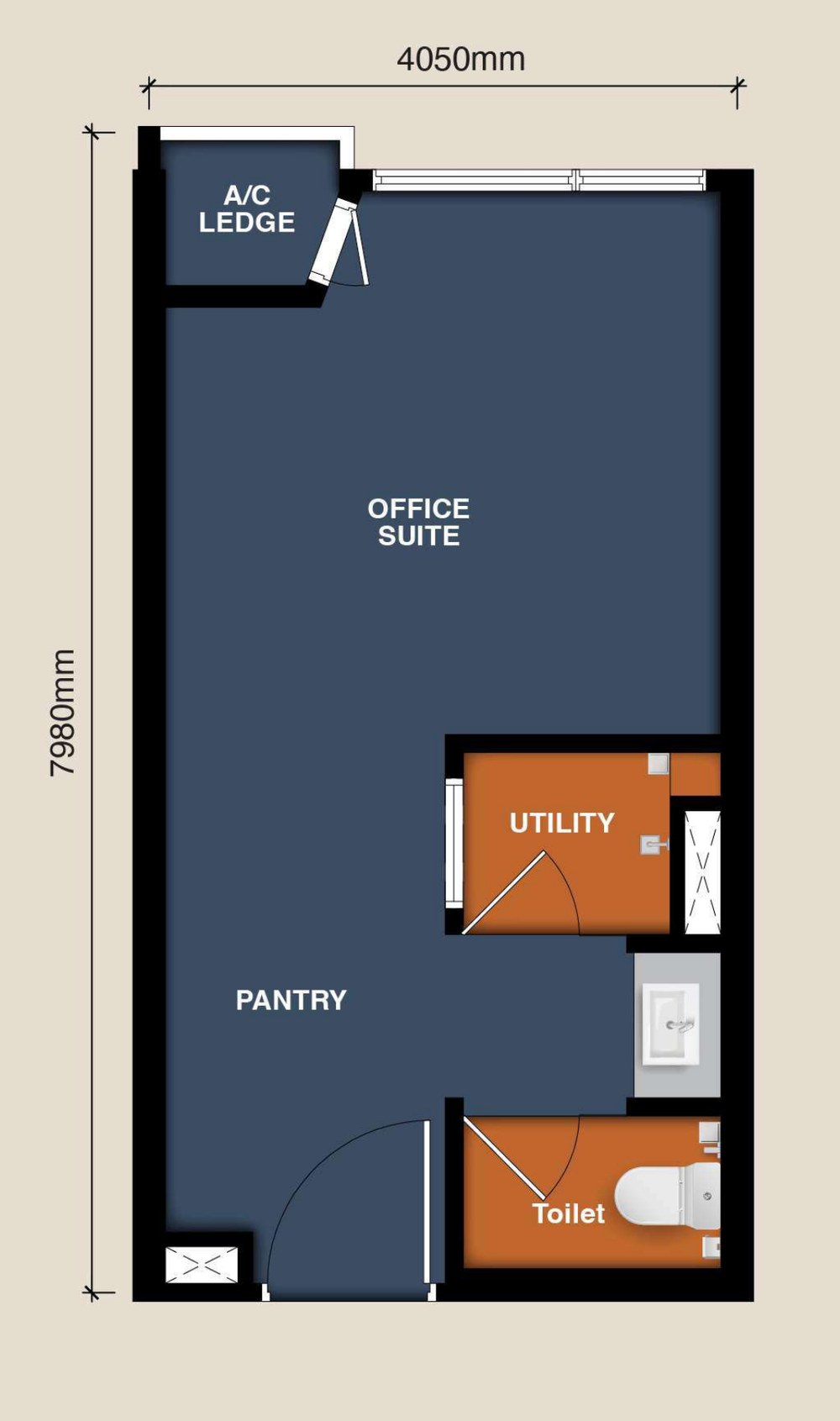Type A office suite floor plan — open office, pantry, utility and toilet, 4,050 by 7,980 mm