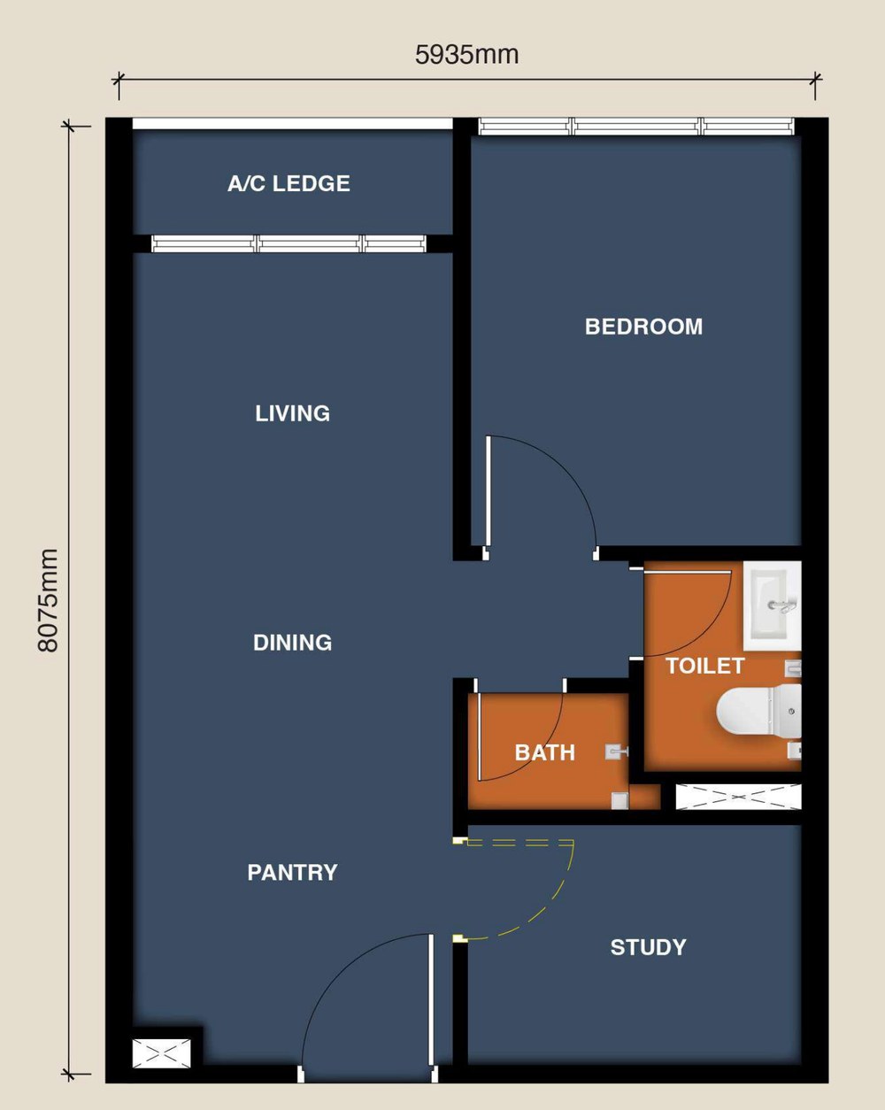 Type B floor plan — bedroom, study, living and dining, bath and separate toilet, 5,935 by 8,075 mm