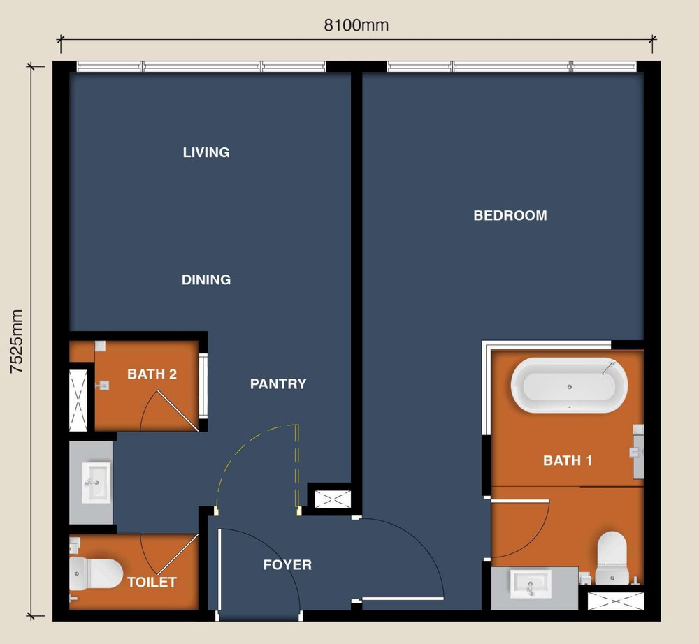 Type C floor plan — bedroom with en-suite bathtub, second bath, guest toilet, foyer and pantry, 8,100 by 7,525 mm