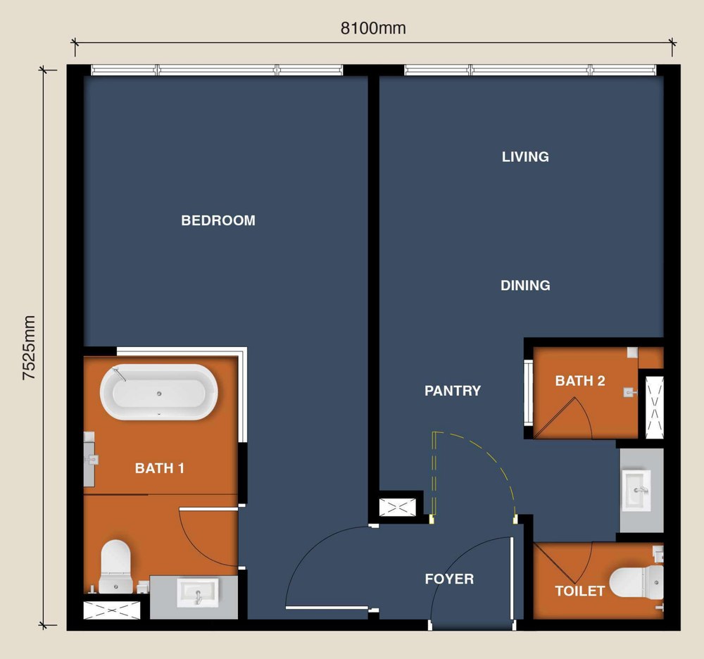 Type C(M) floor plan — the mirror image of Type C, 8,100 by 7,525 mm
