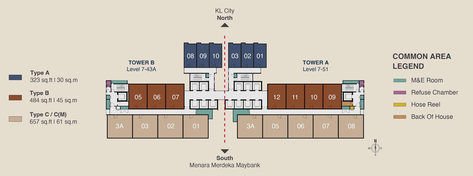 Typical floor plate showing Tower A and Tower B unit stacks colour-coded by type, with the common area legend