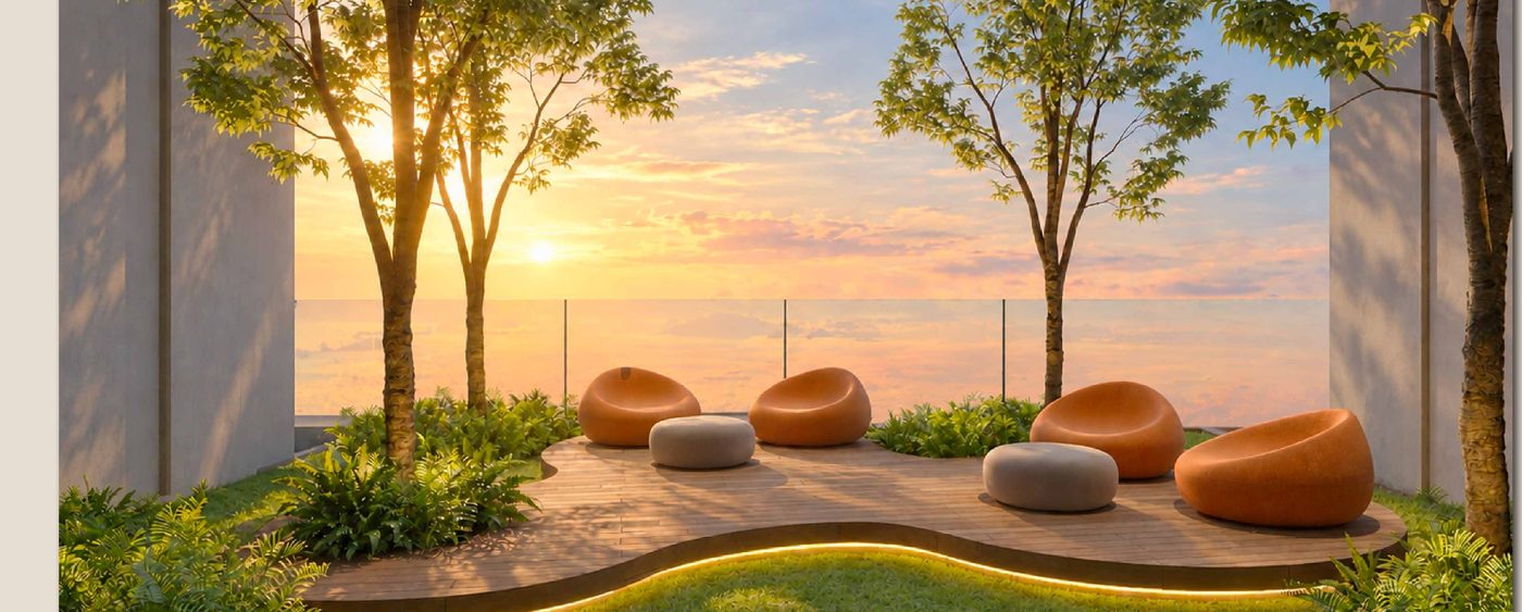 Garden Alcoves on the podium, sculptural seating pods under trees at sunset