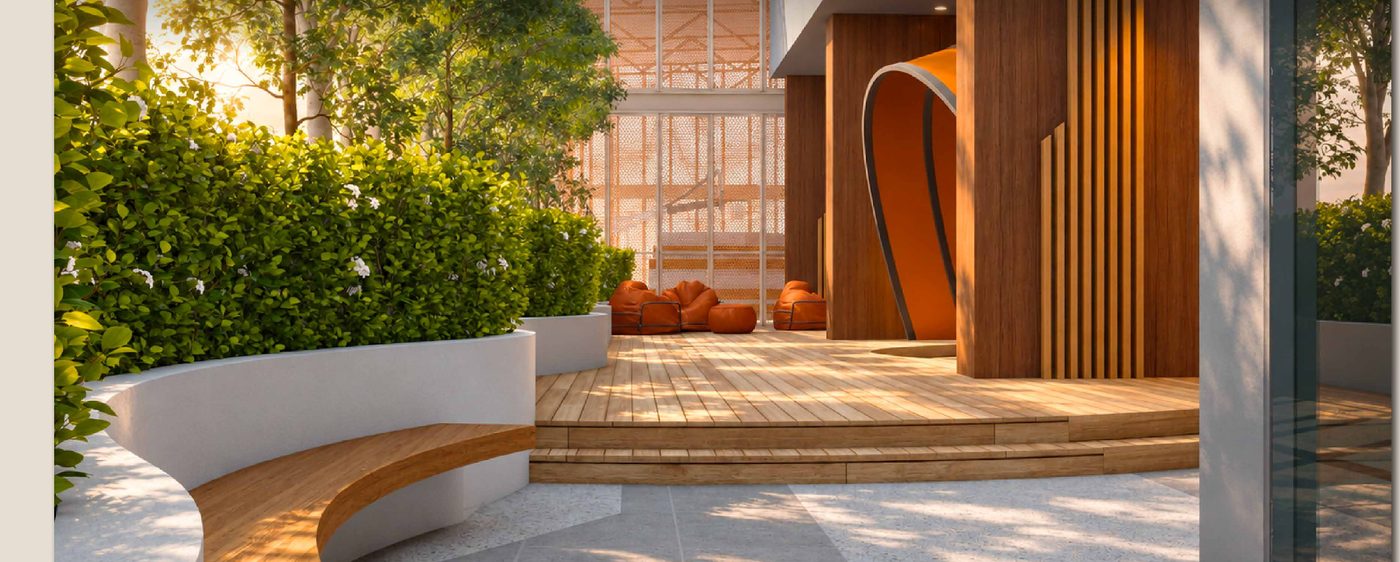 The Bench, a curved timber seating terrace on the podium garden