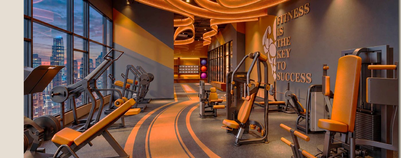 The gymnasium on the podium, equipment along a curved window line over the city