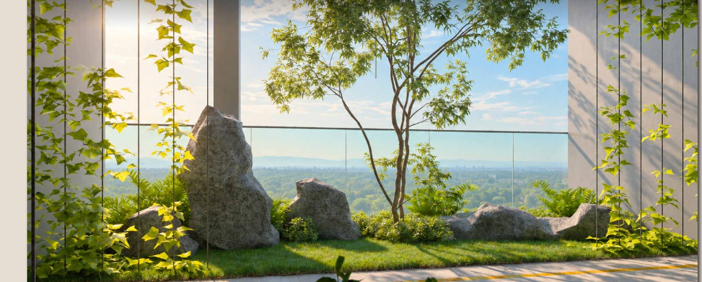 The Hanging Garden on Level 53, boulders and lawn framed by a glass wall over the city