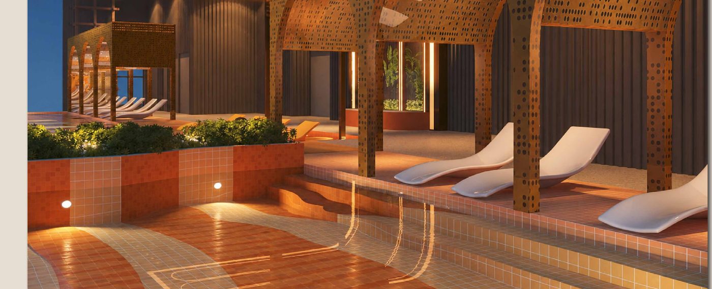 The kid's pool on Level 50, shallow water and loungers under a brick colonnade