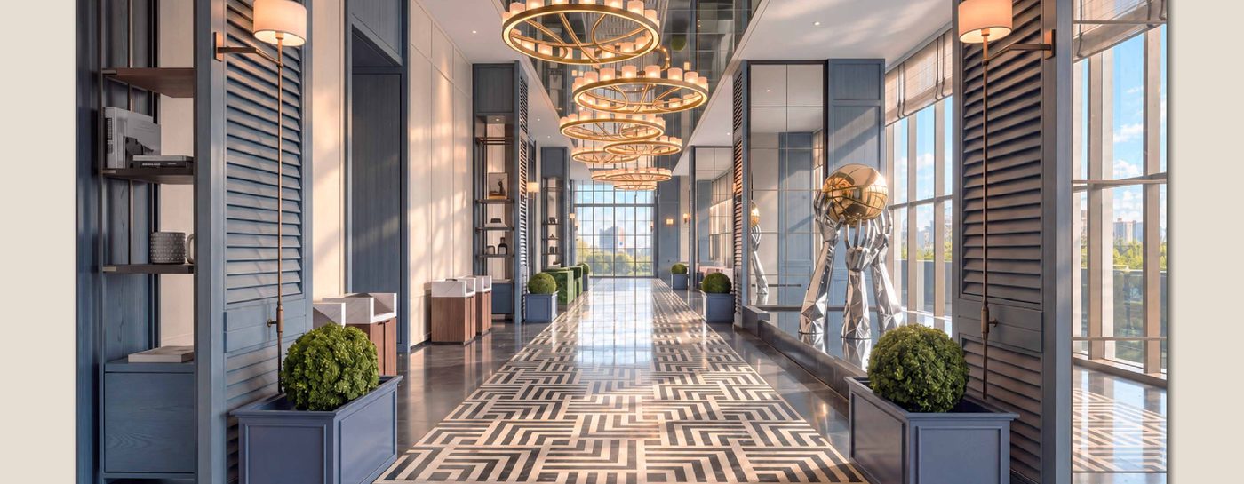 The Grand Lobby on Level G, a double-height colonnade in patterned marble