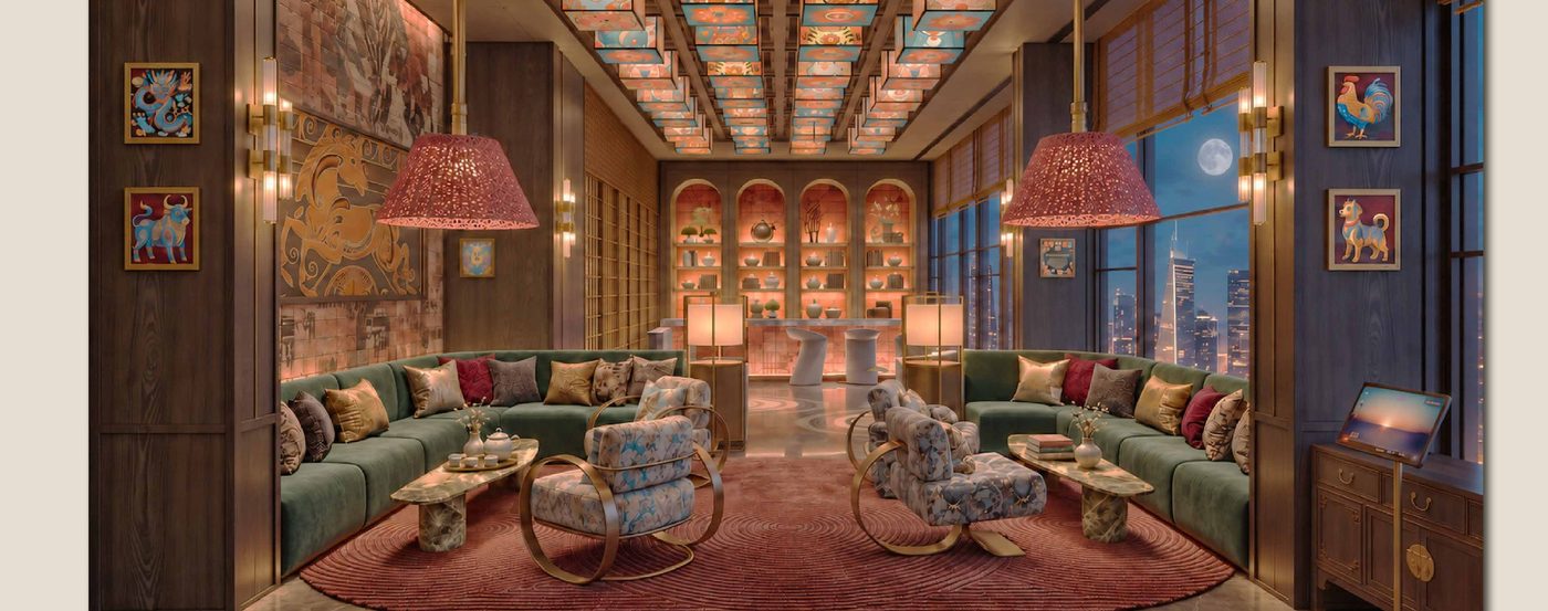 The Music Lounge on Level 47 of Tower B, banquette seating under arched niches