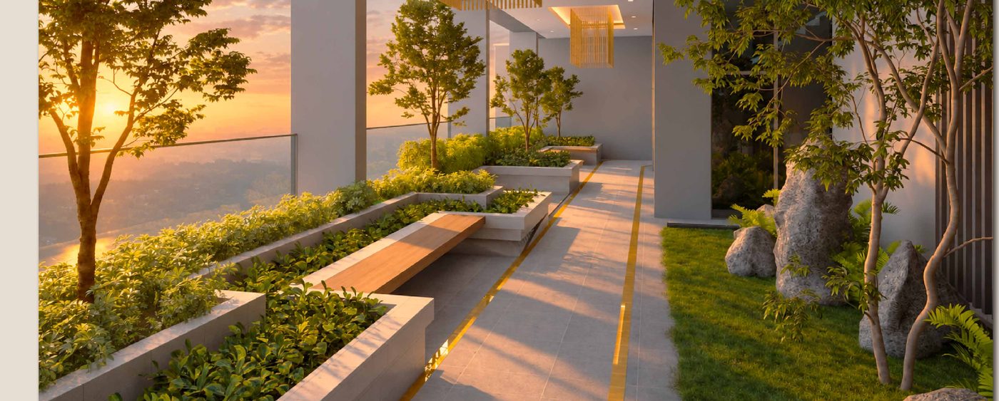 The Sunken Lounge on Level 53, timber benches between planters at sunset
